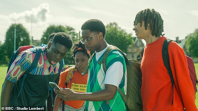 Jaheim, Leah, Omar, Femi, and Toby are forced to endure microaggressions, stereotypes, and strange initiation ceremonies typically associated with elite institutions.  Pictured from left to right: Aruna Jalloh as Femi, Jodie Campbell as Leah, Myles Kamwendo as Omar and Sekou Diaby as Toby.