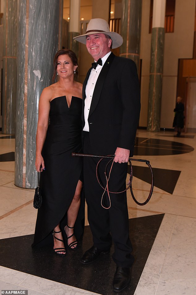 Barnaby Joyce's first wife Natalie has broken her silence over video of the MP falling on a Canberra street.  Above is the former couple at the Parliamentary Winter Ball in 2017 before they split.