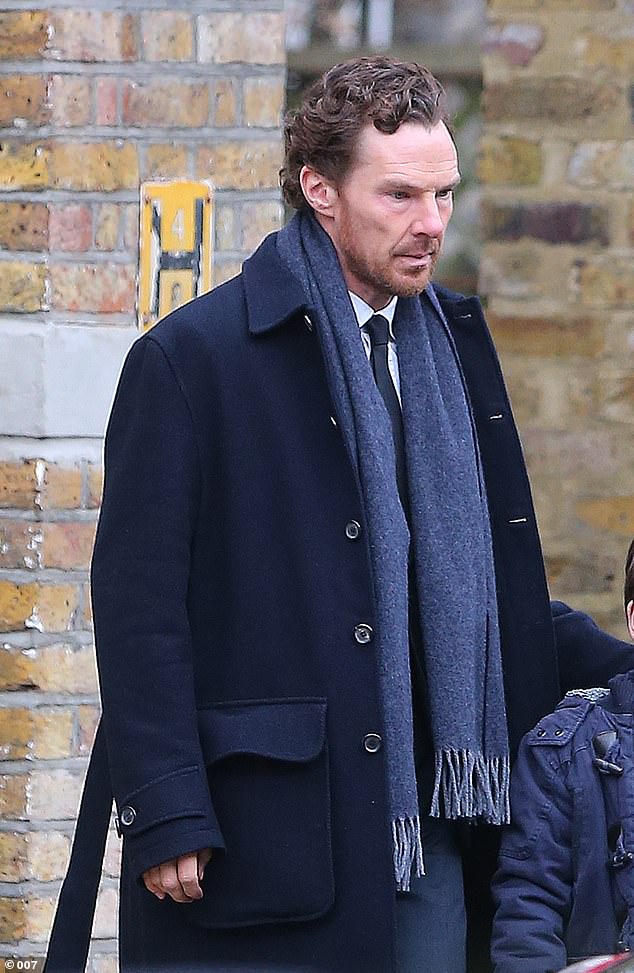 Benedict Cumberbatch on Friday filmed somber scenes for his role in Dylan Southern's adaptation of Max Porter's acclaimed novel Grief is the Thing With Feathers.