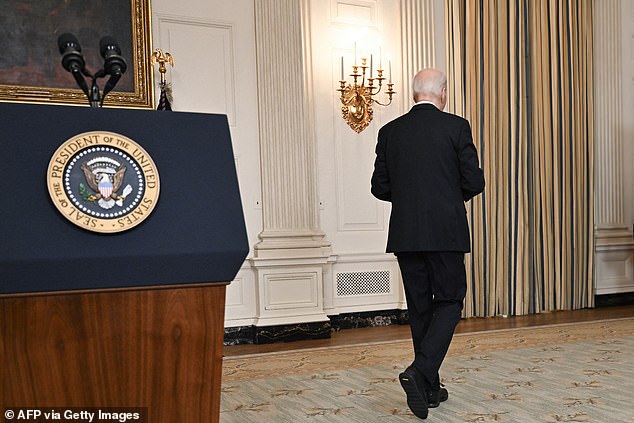 Once he finished his written speech, Biden closed his folder and turned to his left, leaving the State Dining Room without answering any questions shouted by reporters.