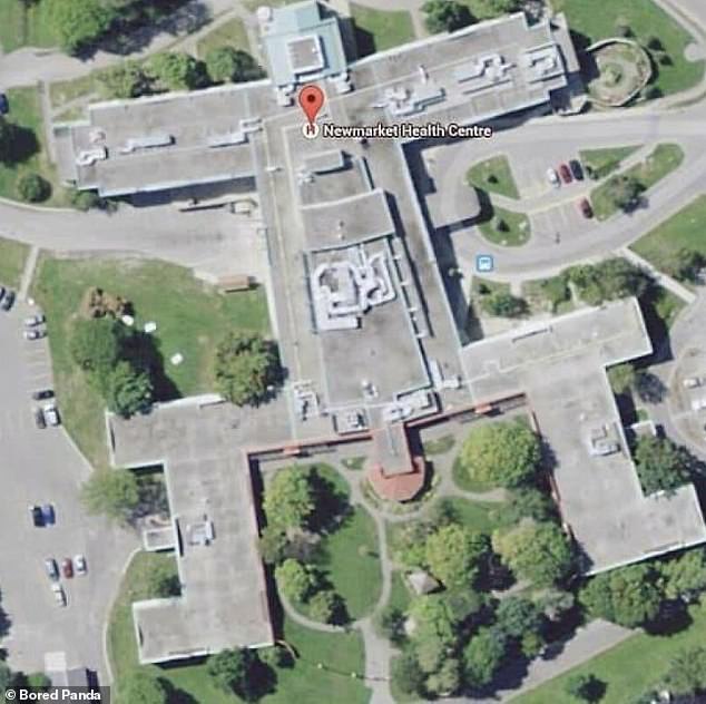 People around the world share snapshots of strange architecture, and Bored Panda compiled the best ones in an online gallery.  Among them the Newmarket Health Center, in Ontario, which looks like a naked man from the air
