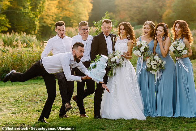 Wedding guests are shocked when the groom's bearded friend drops the wedding cake which falls to the floor in full view of everyone (file image)