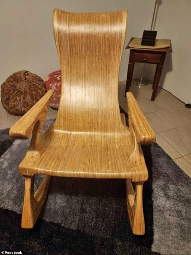 One of the rocking chairs made by ax murderer William Patrick Mitchell in prison and reportedly sold for huge markups by prison guards.
