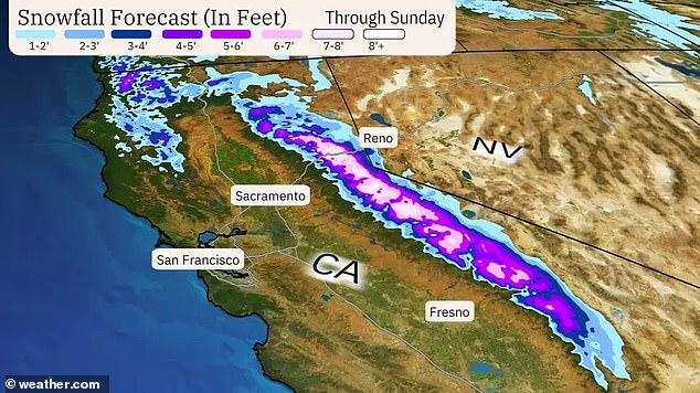 A powerful snowstorm will hit California on Thursday and residents are warned to prepare for 12 feet of snow and 120 mile per hour winds.