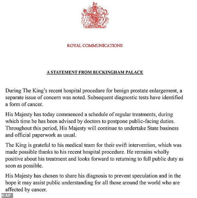 Buckingham Palace announced that the King had begun a program of regular treatments and was postponing his public duties.