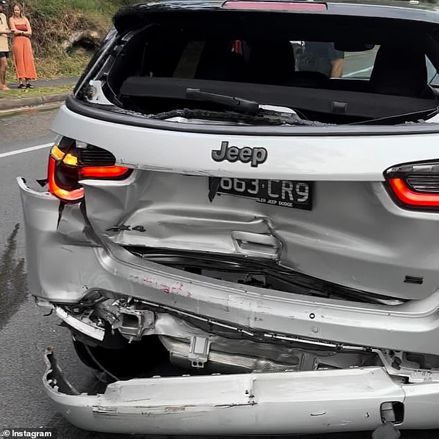 The ARIA-winning star, 45, posted images on Instagram showing him wearing a neck brace and his Jeep smashed up.