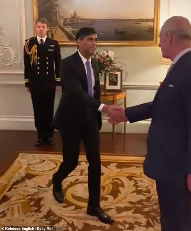 This week, Lieutenant Commander Will Thornton, far left, was seen the king's new equerry announcing the prime minister's arrival at Clarence House during Rishi Sunak's meeting with the monarch on Wednesday.