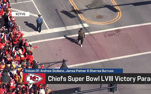 A shirtless Willie Gay was seen running through the streets of Kansas City as the Chiefs celebrated their latest Super Bowl victory.