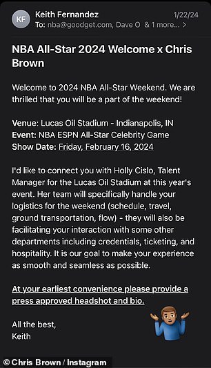 The superhero singer posted a photo of an alleged email he received inviting him to the game on Friday, February 16 at Lucas Oil Stadium in Indianapolis.