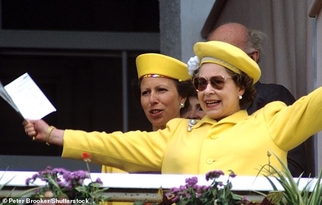 Queen Elizabeth II and Princess Anne celebrating a victory at the Derby Day horse races, 1988