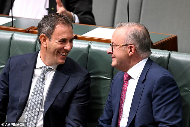 Treasurer Jim Chalmers blamed higher interest rates for higher unemployment (pictured left with Premier Anthony Albanese)