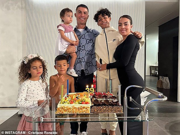 Cristiano Ronaldo spent time with his family as he celebrated his 39th birthday (pictured with his partner Georgina Rodríguez and four of his five children)
