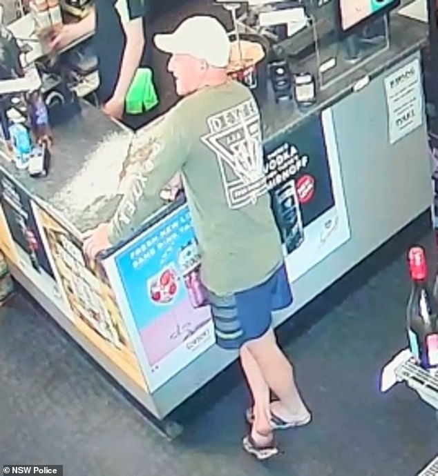 CCTV footage (pictured) shows Mr Copeland in a bottle shop on Centenary Drive in Maclean at 2.35pm on September 3.