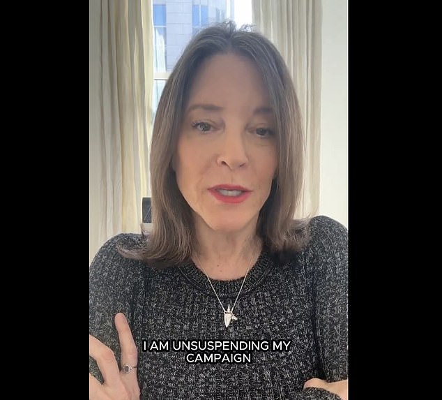 In a video message to supporters Wednesday morning, Democratic presidential candidate Marianne Williamson said she was back in the race for the 2024 White House.