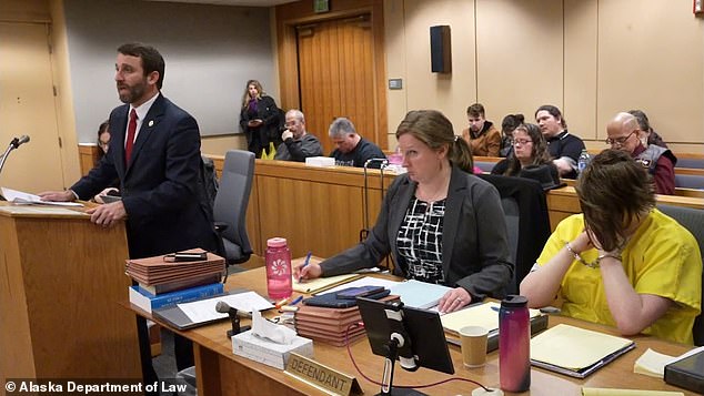 Denali Dakota Skye Brehmer, 23, covered her face as she was sentenced to 99 years in prison for the murder of Cynthia Hoffman.