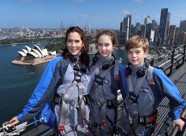 Princess Mary and her twins, Princess Josephine and Prince Vincent, looked happy on top of the bridge.