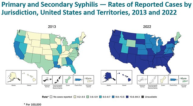 The two maps show how the rate of syphilis cases has changed in the US since 2013.