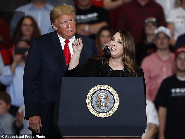 Donald Trump on Monday night called for a leadership change at the Republican National Committee in an attempt to install a new slate of loyalists, including his daughter-in-law Lara to replace Ronna McDaniel (pictured right).