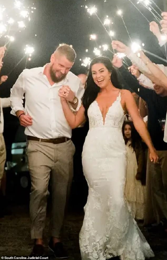 Samantha and Aric Hutchinson are pictured during their wedding ceremony in Folly Beach, South Carolina. Samantha was murdered shortly after the photo was taken.