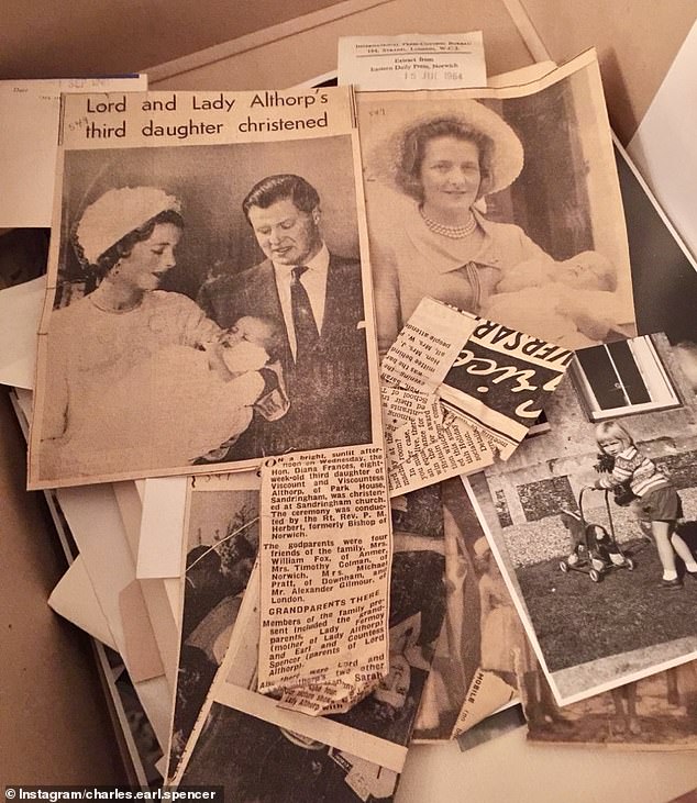 Princess Diana is photographed on her christening day with her mother and father in the keepsake box (pictured, top left)