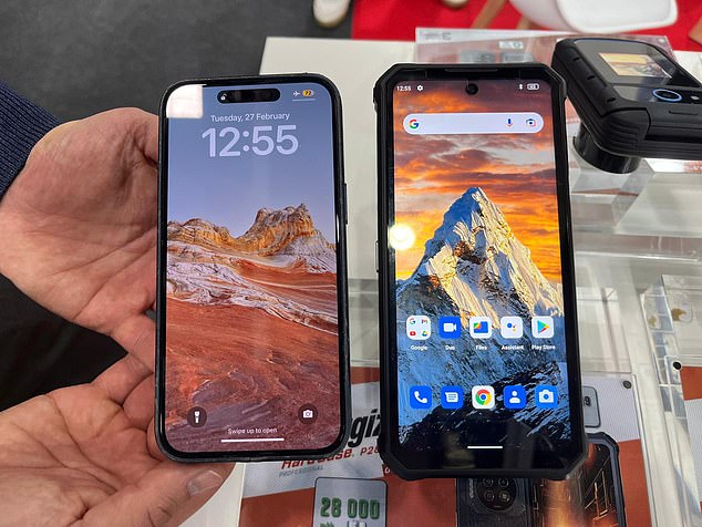 The tech giant's rugged new smartphone (right) can last almost a week on a single charge, although it's three times heavier than an iPhone 15 (left).