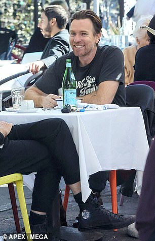 Ewan McGregor was seen riding his motorcycle and having lunch with a friend in Los Angeles on Thursday.
