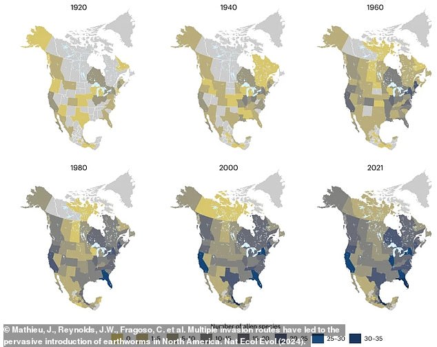 The maps show how the alien worm population has expanded dramatically every 20 years.