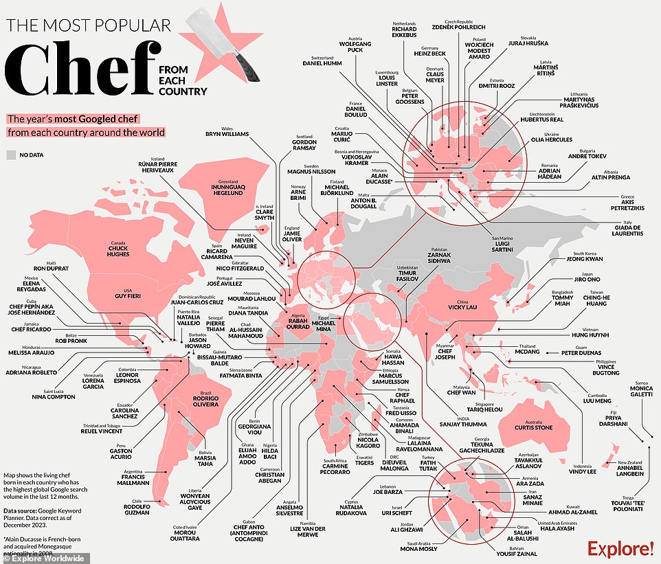 This fascinating world map from Explore Worldwide reveals the chefs who have made the biggest impression in every country in the world.