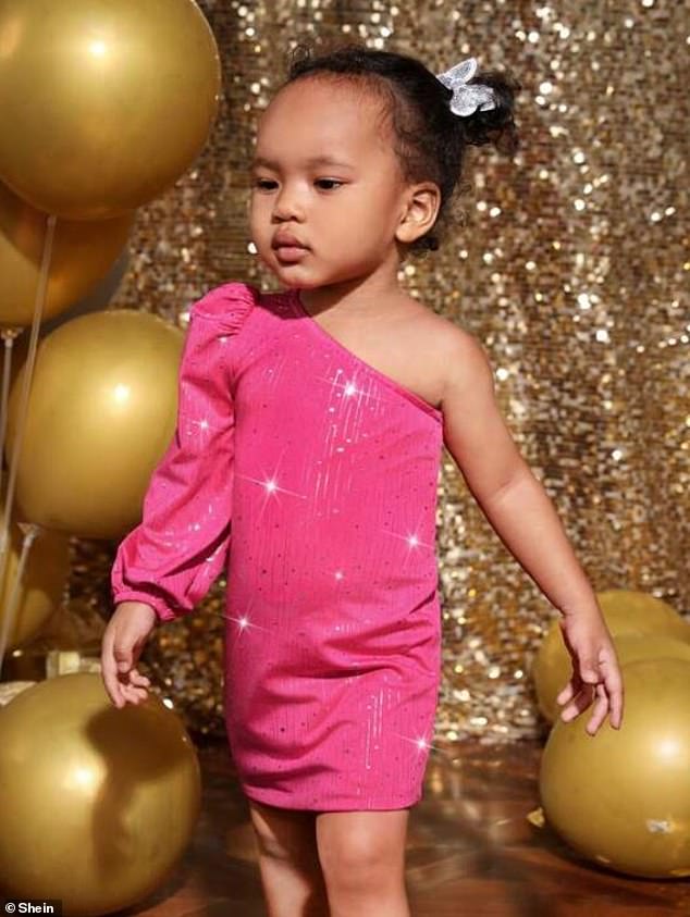 SHEIN Puff Sleeve One-Shoulder Sequin Dress is available for girls ages six months to three years.