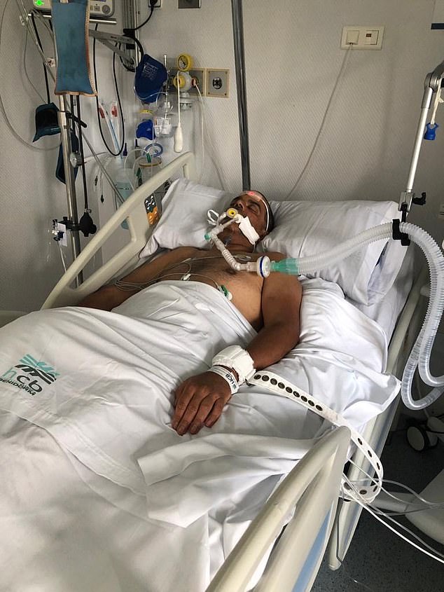 Patanjali Chary photographed in an induced coma in Benidorm, Spain, as doctors tried to determine what was wrong with him.