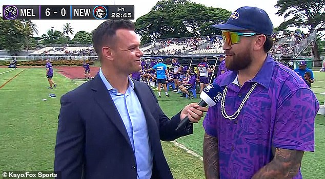 Duke returned to duties on the sidelines of Fox Sports following their high-profile breakup, pictured interviewing Melbourne Storm prop Nelson Asofa-Solomona.