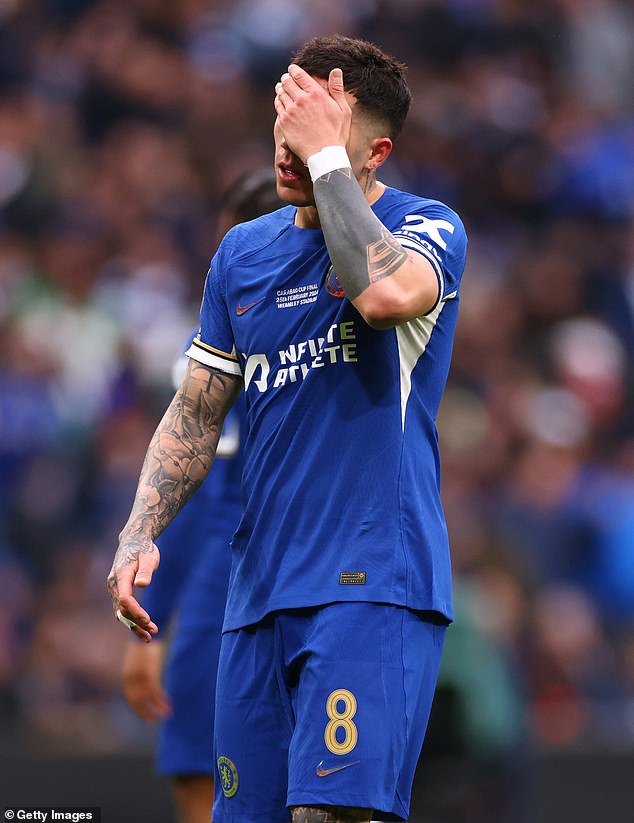 Enzo Fernández left frustrated after Chelsea's defeat to Liverpool in the Carabao Cup final