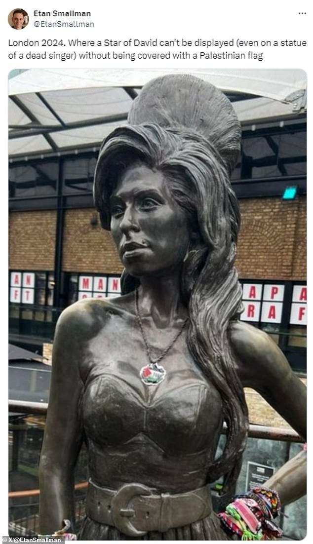 Protesters placed a Palestinian flag on top of the Amy Winehouse memorial statue in Camden Town over the weekend.  The sticker was placed on her Star of David necklace.
