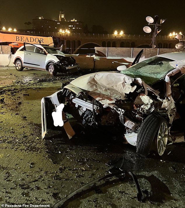 After the crash, the California Highway Patrol and Pasadena firefighters released photos of the aftermath of the overnight crash, showing Pullos and the 23-year-old victim's cars completely destroyed and dumped along the Arroyo Seco Parkway.