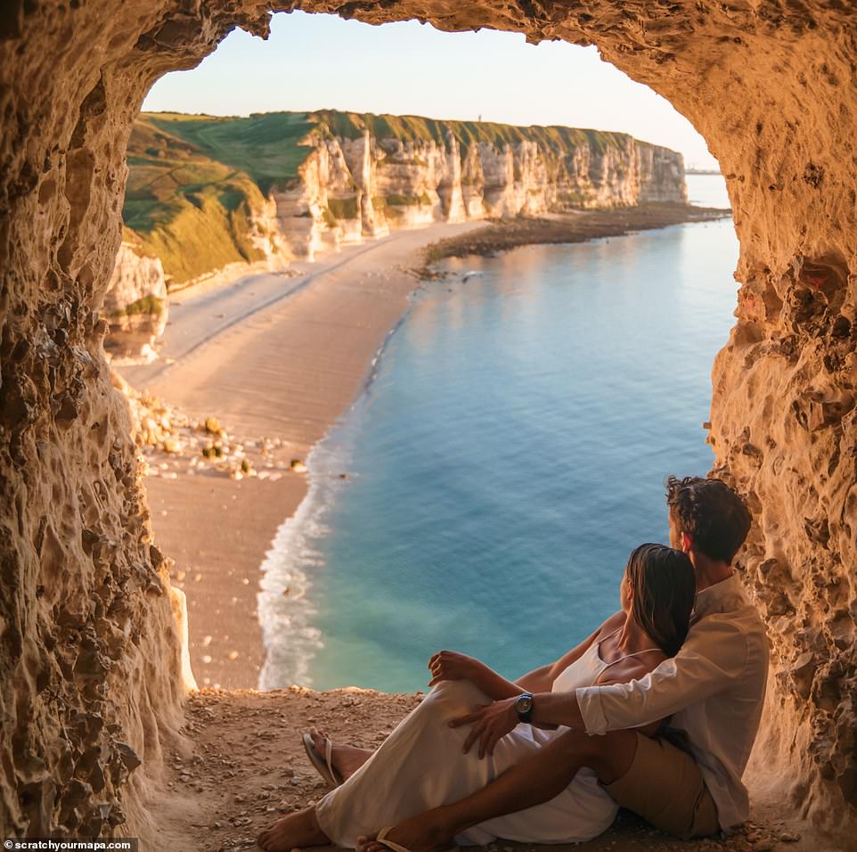 Globetrotting couple Danielle Zito and Fede Supital Terron have allowed MailOnline Travel to publish 15 incredible photographs from their adventures.  Pictured above are the impressive rock formations of Étretat, a town in Normandy, France.