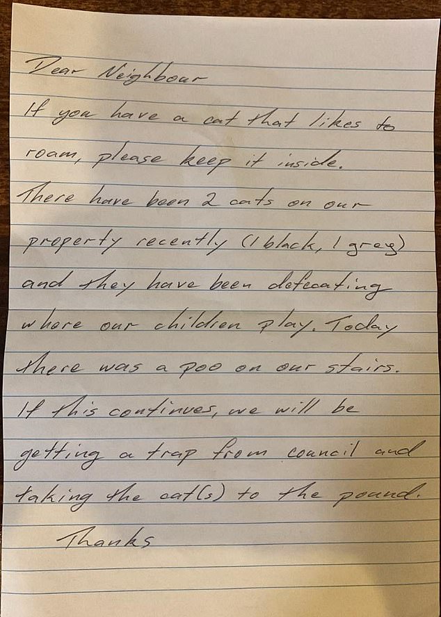 A letter from a grumpy neighbor complaining about cats roaming and defecating in the support of his property has won support from locals.