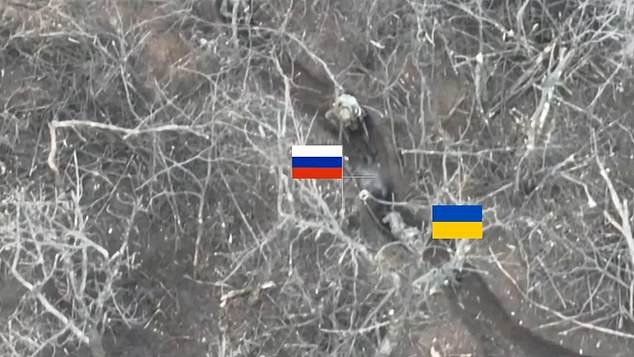 The images show several soldiers in the trenches, with Ukrainian and Russian flags identifying each side, as they approach each other.