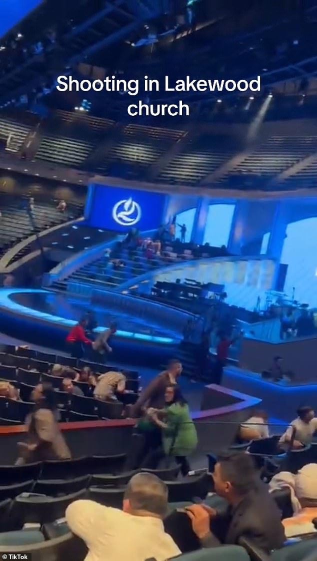 Heartbreaking video shows the moment worshipers at Joel Osteen's Lakewood Church ran for cover as gunshots rang out in the Texas congregation.
