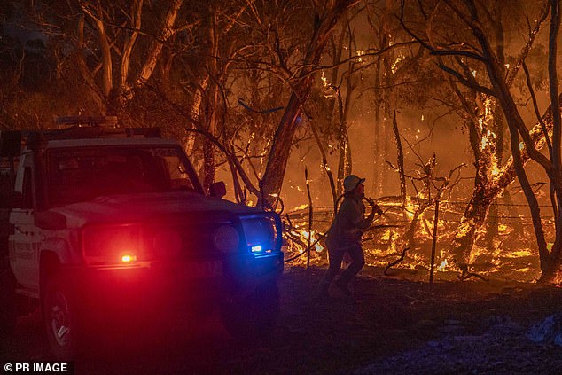 A member of Forest Fire Management Victoria at the Bayindeen-Rocky Road fire northwest of Ballarat, Victoria, on Wednesday night.