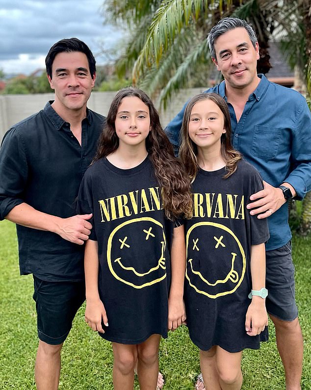 Home and Away star James Stewart (left) has baffled his fans by sharing a jaw-dropping photo that captures him posing alongside his twin brother and daughters.