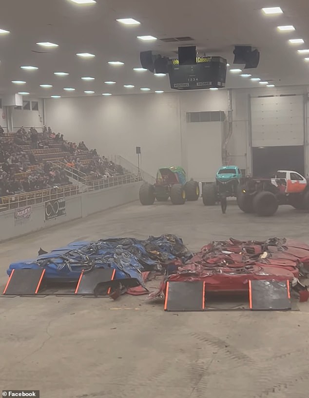 A 56-year-old Monster Truck Wars safety worker was taken to the hospital after a truck rolled over him during a show in Marion, Ohio, on Saturday night.