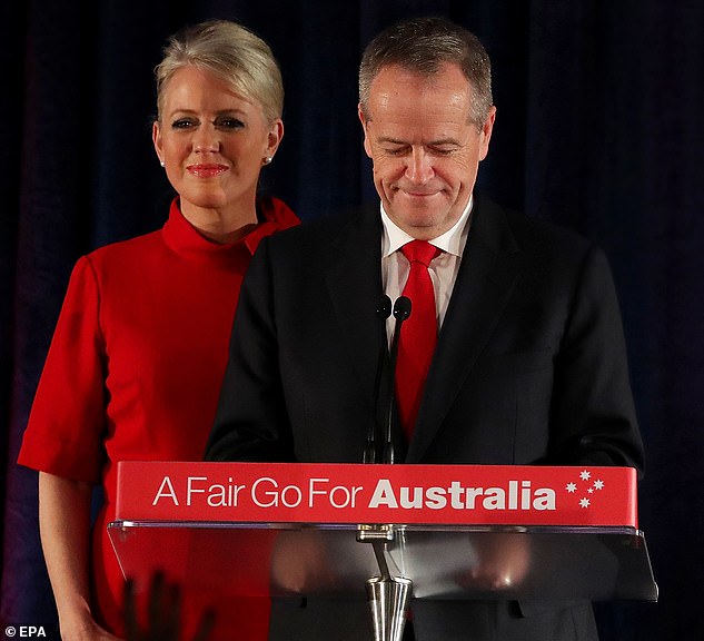 Bill Shorten admits defeat on stage with his wife Chloe (pictured) during the federal Labor reception on election day in Melbourne in May 2019.