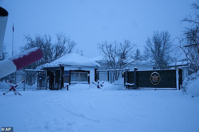 A view of the entrance to the penal colony in the town of Kharp, in the Yamalo-Nenetsk region, about 1,200 miles northeast of Moscow, Tuesday, Jan. 23, 2024.