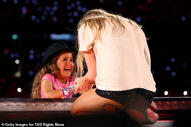 Nine-year-old Lucky Taylor Swift fan Milana Bruno was completely starstruck when she got the chance to hug the global megastar on stage during the first show of her Australian Eras tour.