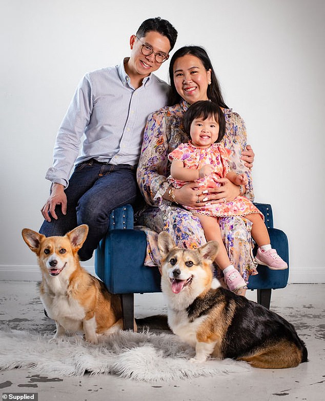 Sydney-based Joyce Wong launched Char Cosmetics on January 6, 2022. Magic GLue is the brand's 'hero' product that can be used to correct droopy eyelids and those with monolids (Joyce Wong pictured with her husband Celvin, his little daughter Amelia and two 'furbabies')