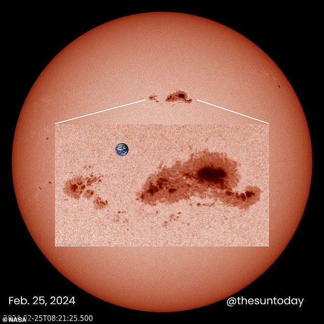Often larger than planets, sunspots appear dark on the sun's surface because they are cooler than other parts (although they are still very hot, about 6,500°F).  In the photo, sunspot AR3590 with the Earth to scale.