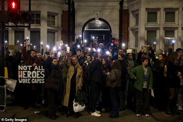 Hundreds of people march towards the Russian embassy in London following the death of Vladimir Putin’s opponent Alexei Navalny, “brutally murdered by the Kremlin” in a political prison.
