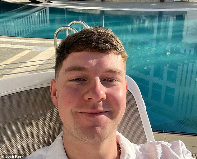 Josh Kerr has moved to a five-star all-inclusive resort in Turkey, which he says is cheaper than his life in Manchester, UK.  Here, he is shown enjoying the warm weather by the pool.