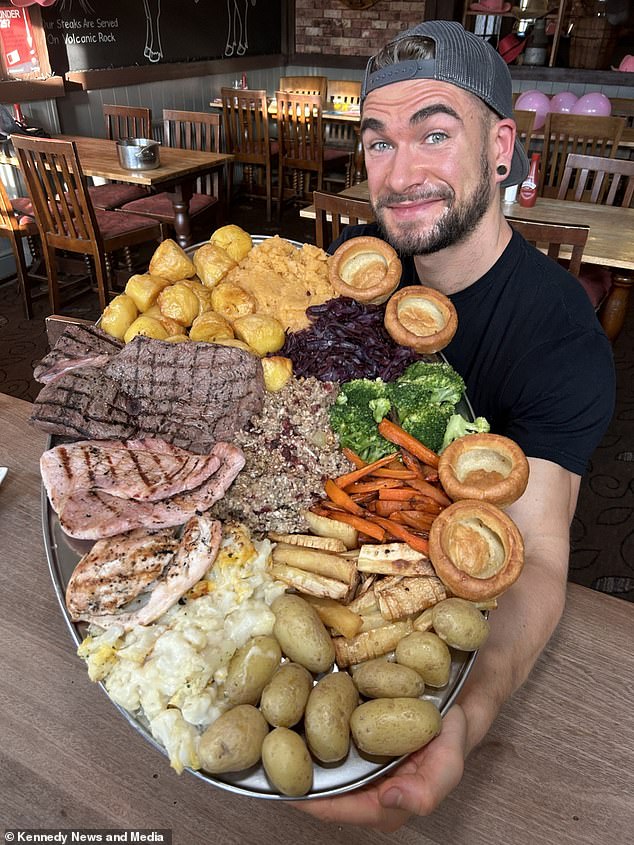 Joel Hansen, from Toronto, Ontario, flew more than 3,000 miles to take on the 6,000-calorie British Sunday Roast Challenge.