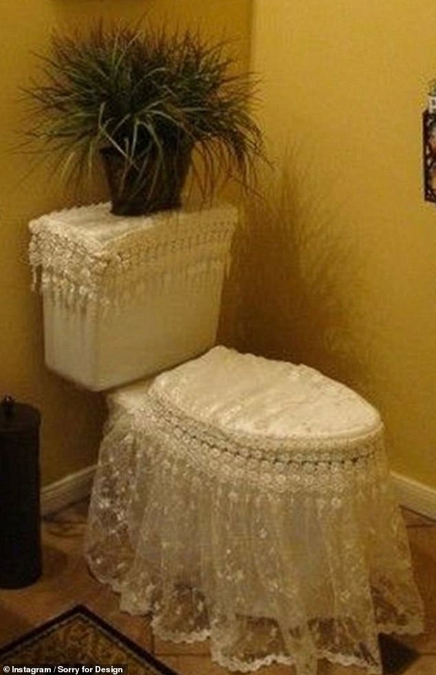 Elsewhere, a homeowner, believed to be from the United States, spruced up her bathroom with frilly lace trim all over it.